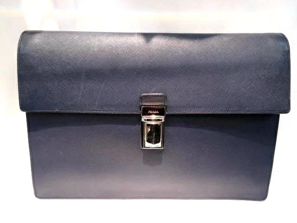 Prada Clutch Bag Shoulder Leather Navy Blue